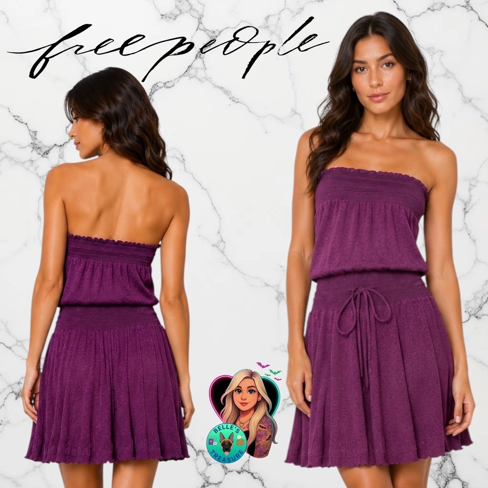 Free People Womens XS Rich Purple Smocked Strapless Tube Dress NEW Beach Summer